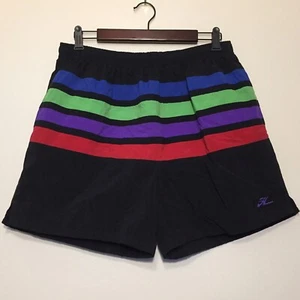 Vintage 90s Mens Hobie Swim Trunks Shorts L Black Striped Blue Green Purple Red - Picture 1 of 8