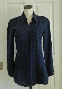 Blusa/Chaqueta Larga Anne Fontaine Lino Azul Marino Detalle Ruche Botón Oculto 38 S $565 - Imagen 1 de 15
