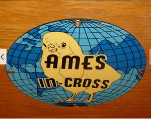 VINTAGE AMES IN CROSS HYBRIDS BABY CHICKEN CHICK PORCELAIN METAL FEED SEED SIGN! - Picture 1 of 9