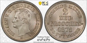 1871-B Saxony GERMAN STATES Silver 2 NEU-GROSCHEN (20 Pfennig) PCGS MS65 -Johann - Picture 1 of 4
