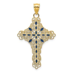 14K Yellow Gold Blue Enamel Filigree Cross Charm Pendant L-1.26 Inch, 2 gram - Picture 1 of 4
