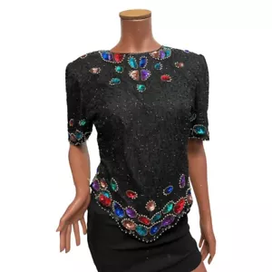 Vintage 80's Black Colourful Sequin Top L 12/14 Beaded Glitzy Evening Party Glam - Picture 1 of 5