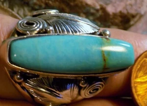 New uni-sex Sterling Silver Turquoise Leaf Ring Navajo Darrell Morgan Size 9 1/2 - Picture 1 of 6