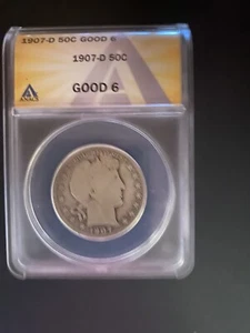 1907-D 50C Silver Barber Half Dollar, G6, ANACS - Picture 1 of 2