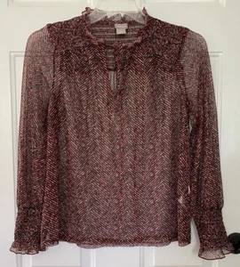 Chicos Size 1 Medium 8 Black Sheer Geometric Long Sleeve Shirt M Ruffle Tie - Picture 1 of 7