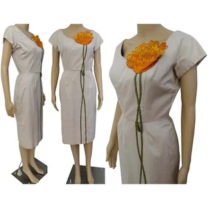 Vintage 1950s Dress Syano of California Wiggle Dress Floral Embroidered Ornament - Picture 1 of 10