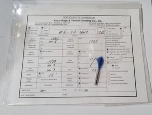 6-32 UNC 2B Thread Plug Gage GO P.D. .1177 Certification - Picture 1 of 2