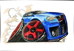 Original A4 Watercolour Painting of a Volkswagen golf cartoon - Picture 1 of 6