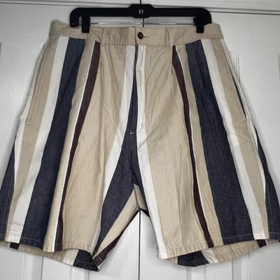 Baxter Chino Shorts Coastal Preppy Cotton Beige Blue Burgundy Stripe Mens 38 - Image 1 of 4
