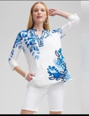 Chico's size 2 Blue Linen Floral Embroidered V-Neck Tunic intense azure L NWT — 第 1/3 张图片