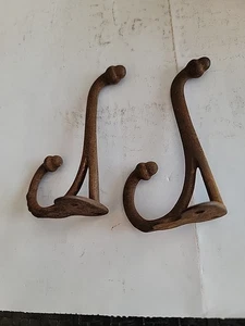 Pair Cast Iron Double Hooks Acorn Tips Coat Hat Salvage Hardware 4" Rusty Old - Picture 1 of 5