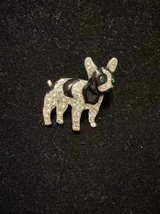 Vintage Französischer Stier Hund Brosche Anstecknadel Emaille klar Strass grüne Augen - Bild 1 von 4