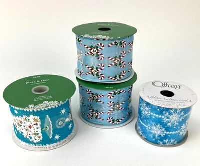 Christmas Holiday Wire Edge Ribbon Lot of 4 Turquoise Blue White NEW Candy Tree - Image 1 of 4