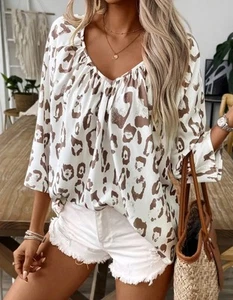 Size XL US Size 12 Ruched V-Neck 3/4 Sleeve Leopard Print Blouse Top New - Picture 1 of 3