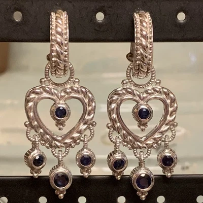 Judith Ripka Earrings Sterling Silver & Natural Blue Sapphire Dangles & Heart - Image 1 of 4