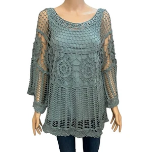 XCVI Crochet Swing Tunic Top Large Blue Bell Sleeve Open Knit Beachy Boho Casual - Picture 1 of 7