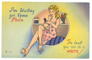 Rare MWM Linen Postcard Pun - SEXY WOMAN Waiting for Some Male! ca1940 - Picture 1 of 2