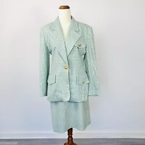 Vintage Escada Womens Skirt Suit Blazer Wool Check Plaid Green Blue Size 38 - Picture 1 of 11
