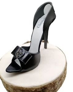 Edible Black Open Toe High Heel Shoe with Bow – Handmade Sugarpaste Cake Topper - Picture 1 of 7