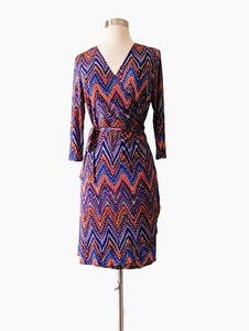 EMMA & MICHELE Wrap Dress Jersey Stretch Jersey Colorful Orange Blue LARGE - Picture 1 of 8