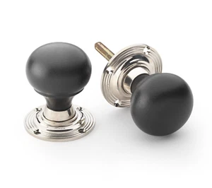 Ebonised & Polished Nickel Wooden Round Bun Mortice Rim Door Knobs Knob Pair - Picture 1 of 4