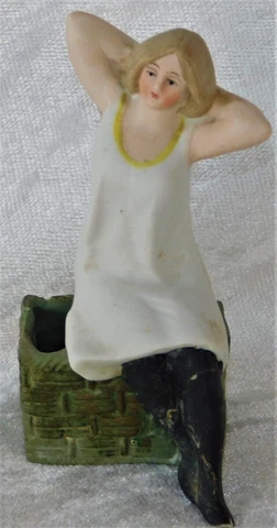Antique 1900's German Porcelain Bisque Bathing Beauty Figurine Vase Repaired Cover