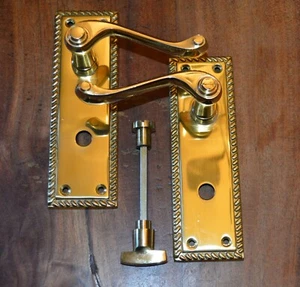 Solid Polished Brass Georgian Scroll Bathroom Door Handles With Turn Knob (JG1B) - Picture 1 of 1