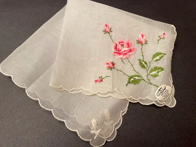 Vintage BURMEL Hankie Orig Label Embroidered PINK ROSES Handkerchief NOS - Image 1 of 3
