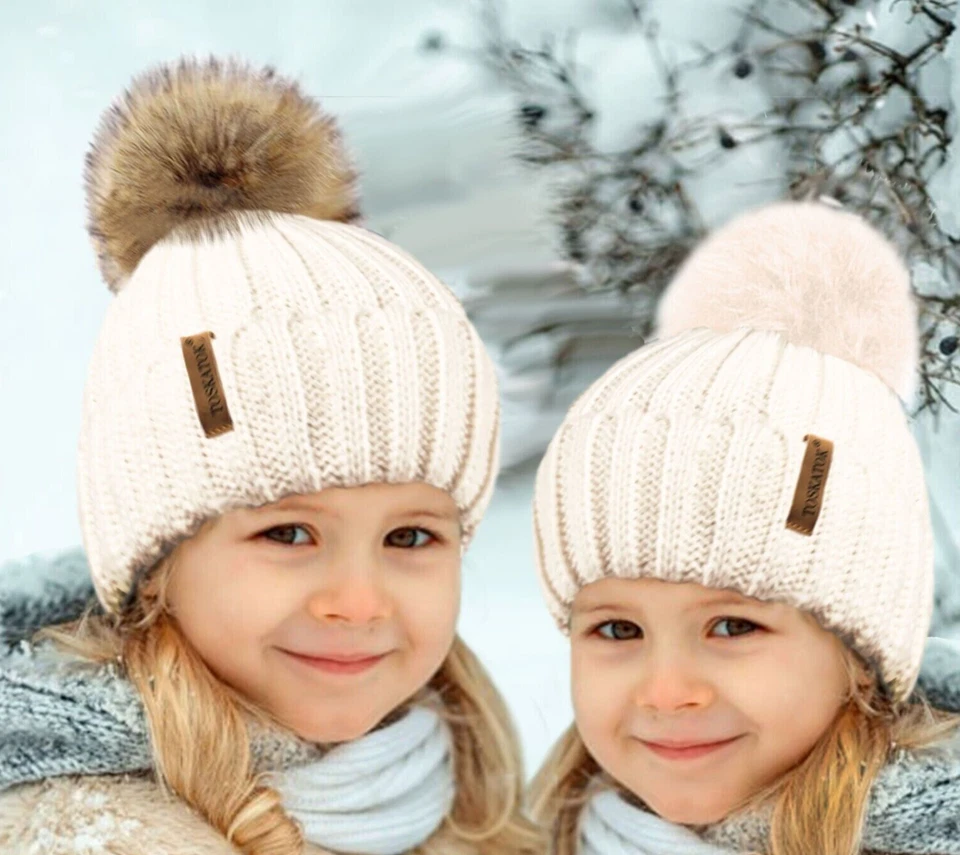 FURTALK GIRLS BEANIE WOOLLY BOBBLE HAT WARM WINTER CHANGEABLE FAUX FUR POM POM