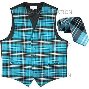 New formal Men's plaid Tuxedo Vest_2.5" Skinny Slim Necktie Turquoise blue party - Picture 1 of 4