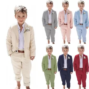 Linen Boy's Suits Casual Summer Beach Formal Tuxedo Blazer Pant Slim Fit 2 Piece - Picture 1 of 18