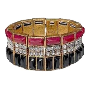 J. Crew Stretch Bracelet Black Burgundy Rhinestones Antique Gold Finish New - Picture 1 of 1