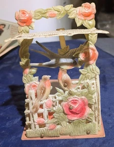 Antique Mechanical Postcard 3D Pop-Up Stand Up Birds Roses Gilded Novelty Card - Picture 1 of 6