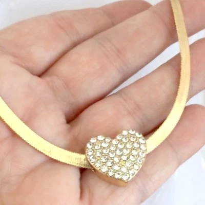 Gold Tone Herringbone Chain Choker Necklace Rhinestone Heart Pendant Slider 16" - Image 1 of 4