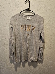 Victoria's Secret PINK Small Gray Campus Long Sleeve T-Shirt Bling Gold Sequin - Picture 1 of 5
