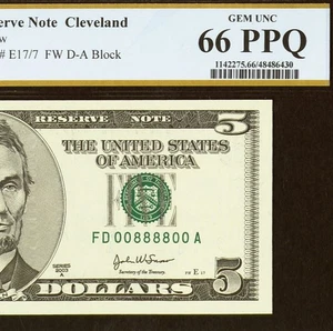 2003A $5 FRN PCGS Gem 66PPQ - Fancy Radar Serial Number 00888800 - Picture 1 of 3