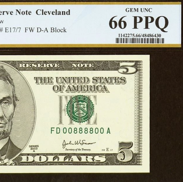 2003A $5 FRN PCGS Gem 66PPQ - Fancy Radar Serial Number 00888800 - Image 1 of 3