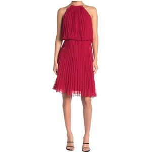 MSK Halter Dress Size 16 Red Pleated Holiday Formal Party Midi New - Picture 1 of 11