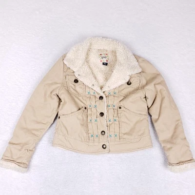 GAP Kids Sherpa Lined Jacket Beige Embroidered Faux Shearling Coat Size 6-7 - Image 1 of 4