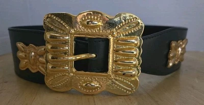 Vintage Ladies Leather Escada Belt Gold Tone Moth Accents West Germany Size 30" - Image 1 of 4