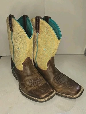 Ariat Girl Cowboy Boot Size 8 Brown Leather Pull On Square Toe Glitter 10025179 - Image 1 of 4