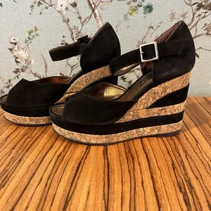 Terry de Havilland D-Havz Platform Wedge Sandals Black Suede / Cork Sz 36 / 5.5 - Picture 1 of 9
