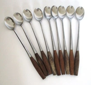 9 Dansk Fjord Stainless Steel Iced Tea Spoons Long Teak Handles MCM Germany READ - Picture 1 of 13