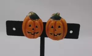 Pendientes de cara recortados de calabaza de Halloween esmaltados vintage clip en Jack O Lantern - Imagen 1 de 9