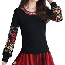 Women Embroidery Shirt Ethnic Top Pullover Lady Puff Sleeve Chinese Retro Floral