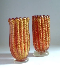 Barovier & Toso Vintage Murano Glass Red Cordanato d'Oro Vases x 2. Mid Century - Picture 1 of 8