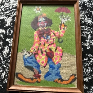 Vintage Hand Embroidered Figural Clown Needlepoint Portrait Handmade 14x10 - Picture 1 of 6