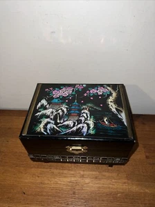 Vintage Japanese Jewelry Box Black Lacquer Painted Animated Music Box - Picture 1 of 8