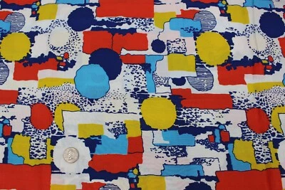 Vintage Fabric Retro Geometric Abstract 1970s 3 Yards Artsy Yellow Blue Red - Image 1 of 2