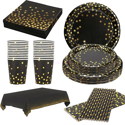 2024 NEW Black Gold Dot Tableware Party Supplies Plates Napkins Disposable Decor - image 1 of 4